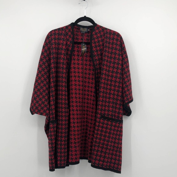 Pendleton Cardigan Sweater 100% Wool Houndstooth Open Front Black Red OS - Picture 1 of 9